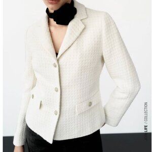 Zara White Jewel Button Cropped Textured Blazer, XS